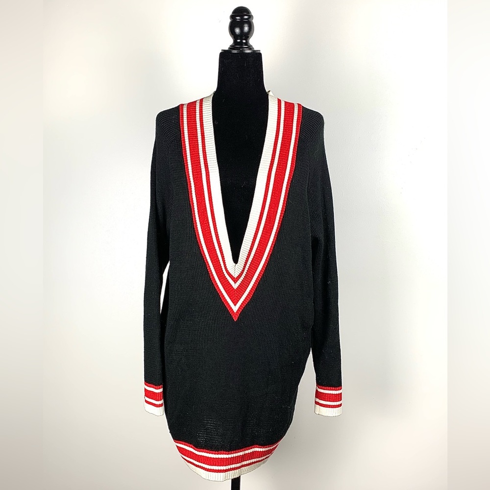 Nasty Gal Black Long Sleeve Deep V Sweater with Red and White Stripes